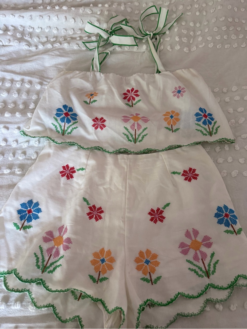 White Floral Embroidered Crop Top with Green Trim